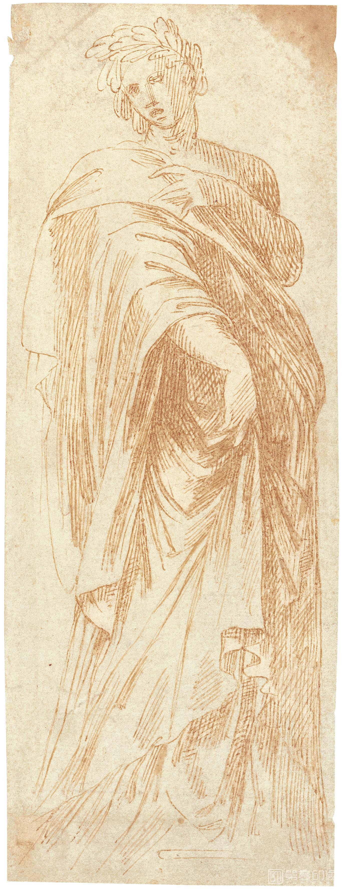 素描-西班牙普拉多美术馆素描藏画-Círculo de Carpi, Girolamo da-Figura con manto-0869
